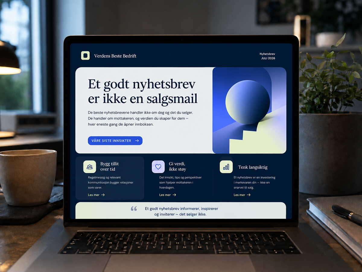Laptop på et skrivebord som viser et norsk nyhetsbrev med tittelen «Et godt nyhetsbrev er ikke en salgsmail» i IGM-inspirert fargepalett.