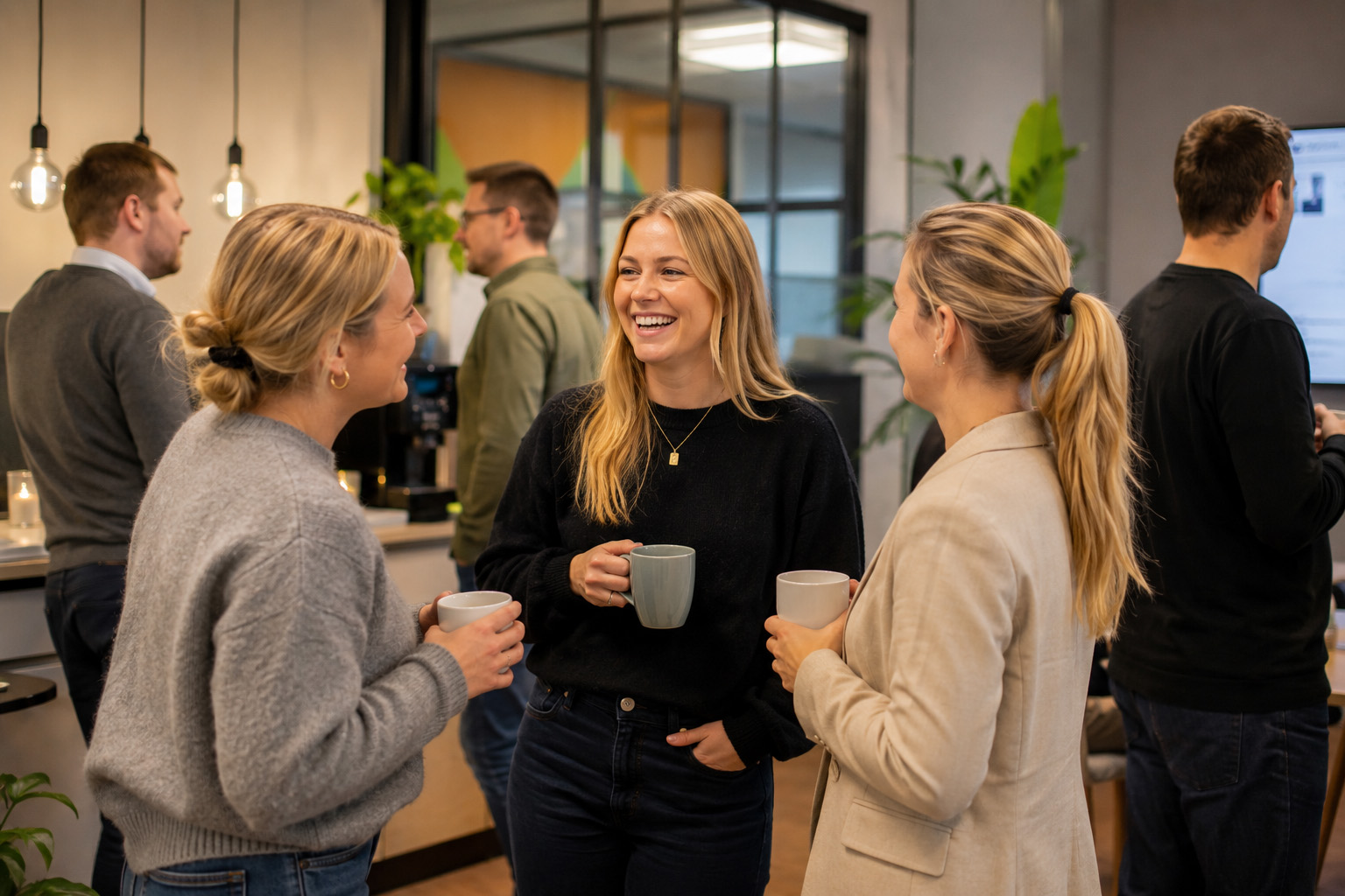 Ansatte i samtale i et kreativt kontormiljø, brukt som illustrasjon til skreddersydd opplæring og bedriftsinterne kurs for team.