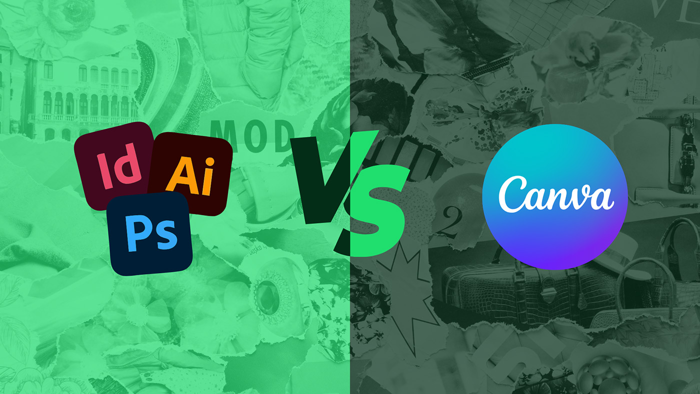 Canva og Adobe Photoshop, Illustrator og InDesign sammenlignet som designverktøy.