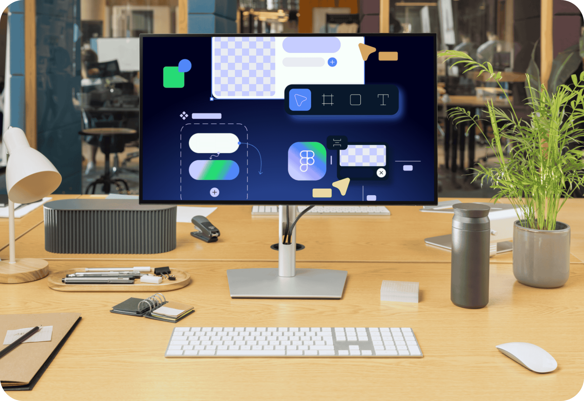 Designarbeid i Figma på skjerm med grafikk og vektorformer, brukt til illustrasjon og design av digitale flater