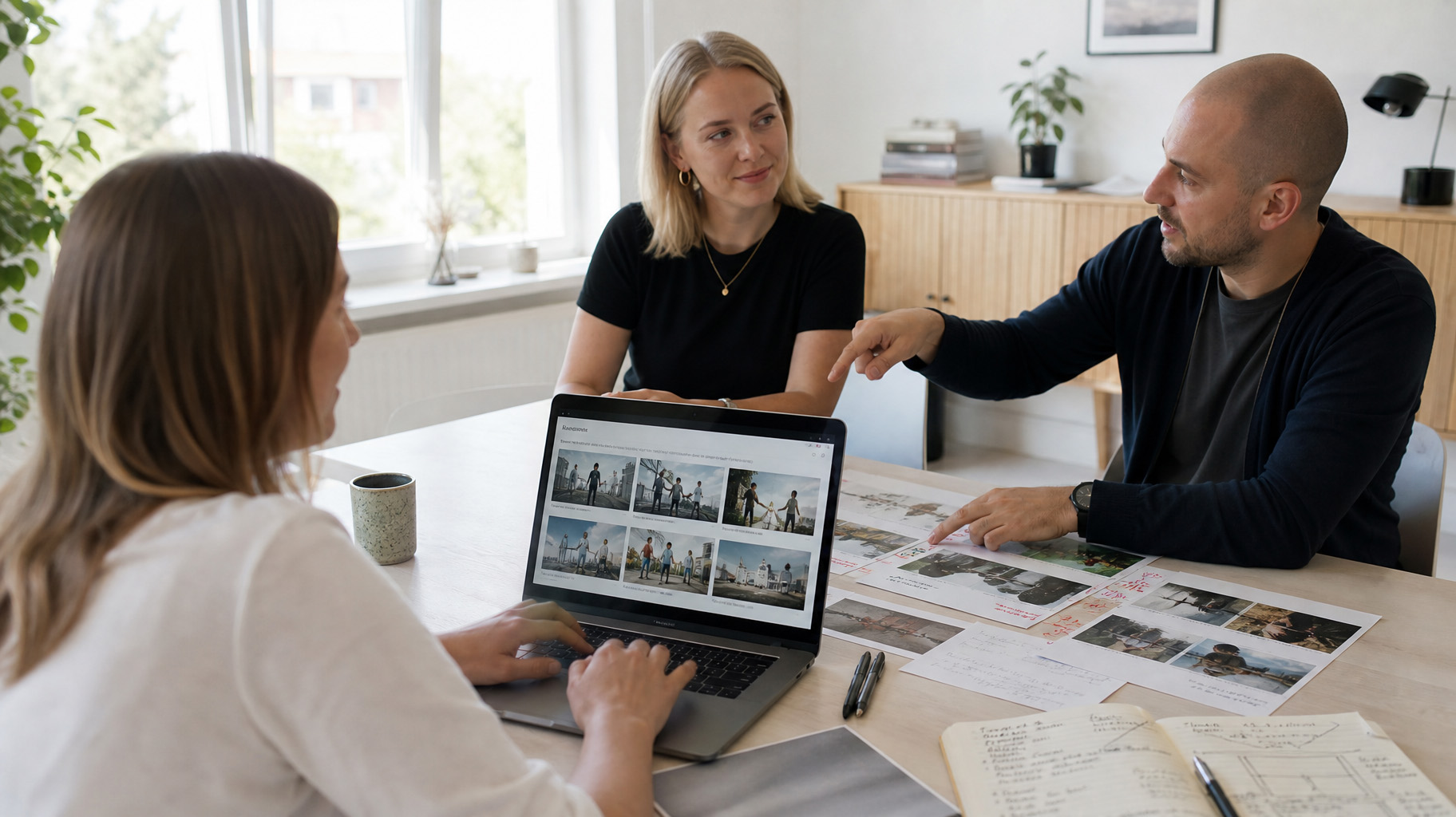 Kreativt team planlegger video med storyboard og AI-genererte referanser