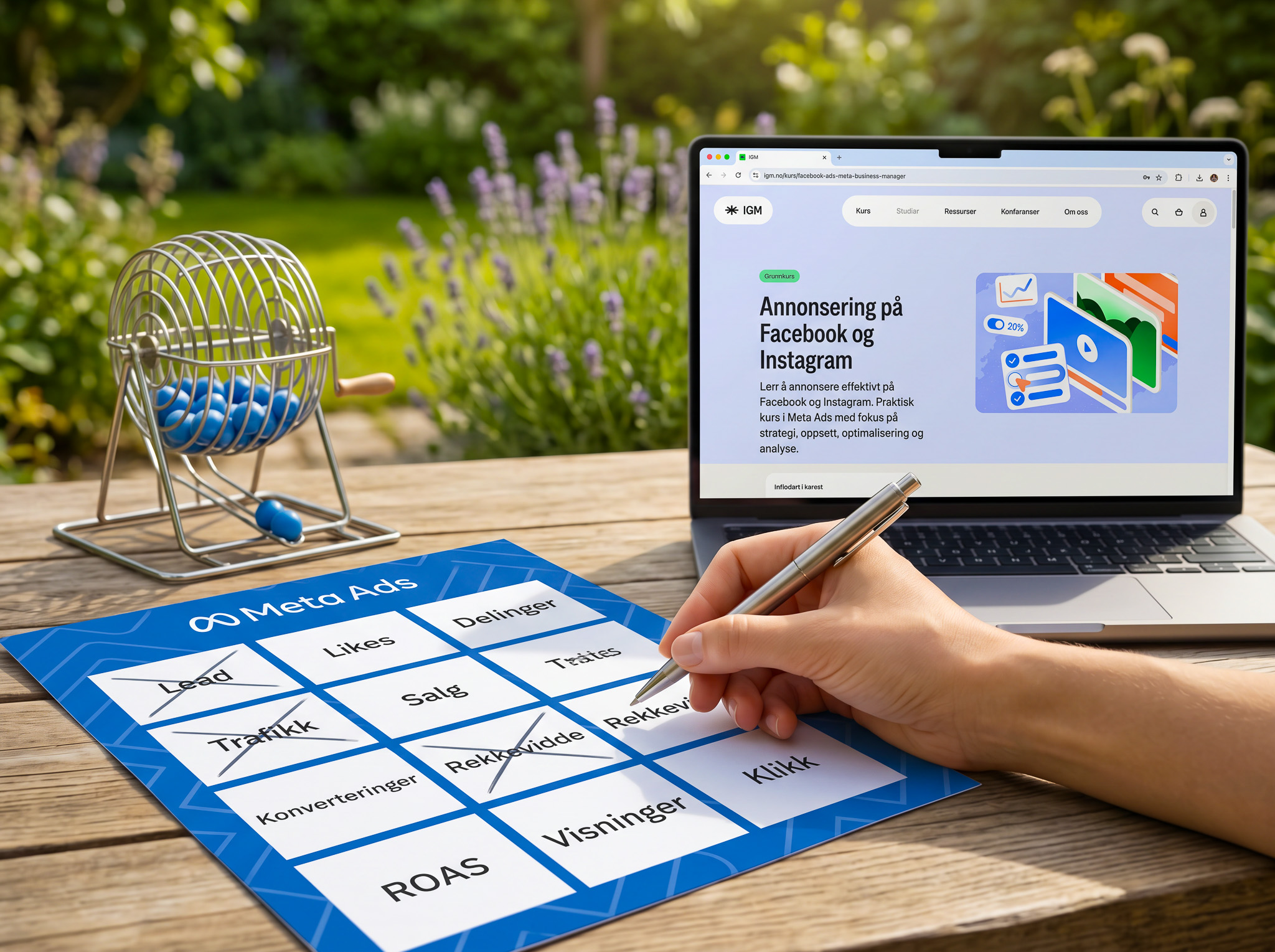 Bingobrett med Meta Ads-begreper som Lead, Trafikk, Rekkevidde og ROAS, der en hånd krysser av valg foran en laptop med IGM-kurs.