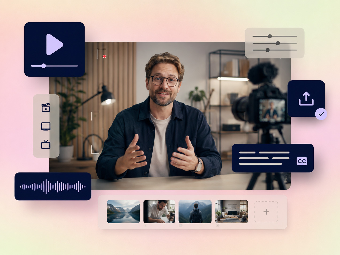 Videoproduksjon med kamera, lyd, teksting og klipp som del av planleggingen.