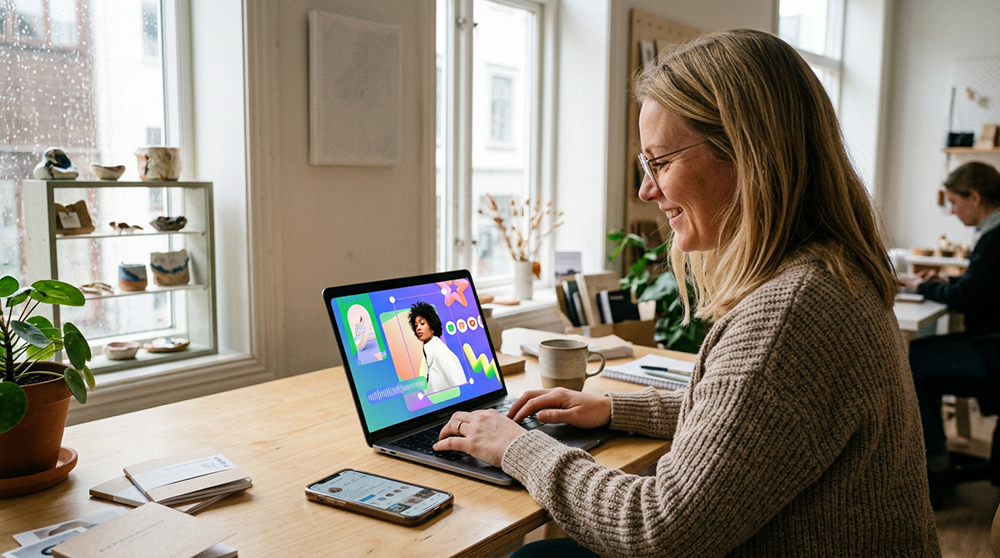 Person sitter ved en laptop og jobber i Canva på et lyst kontor, med mobiltelefon på bordet og arbeidsmiljø i bakgrunnen.