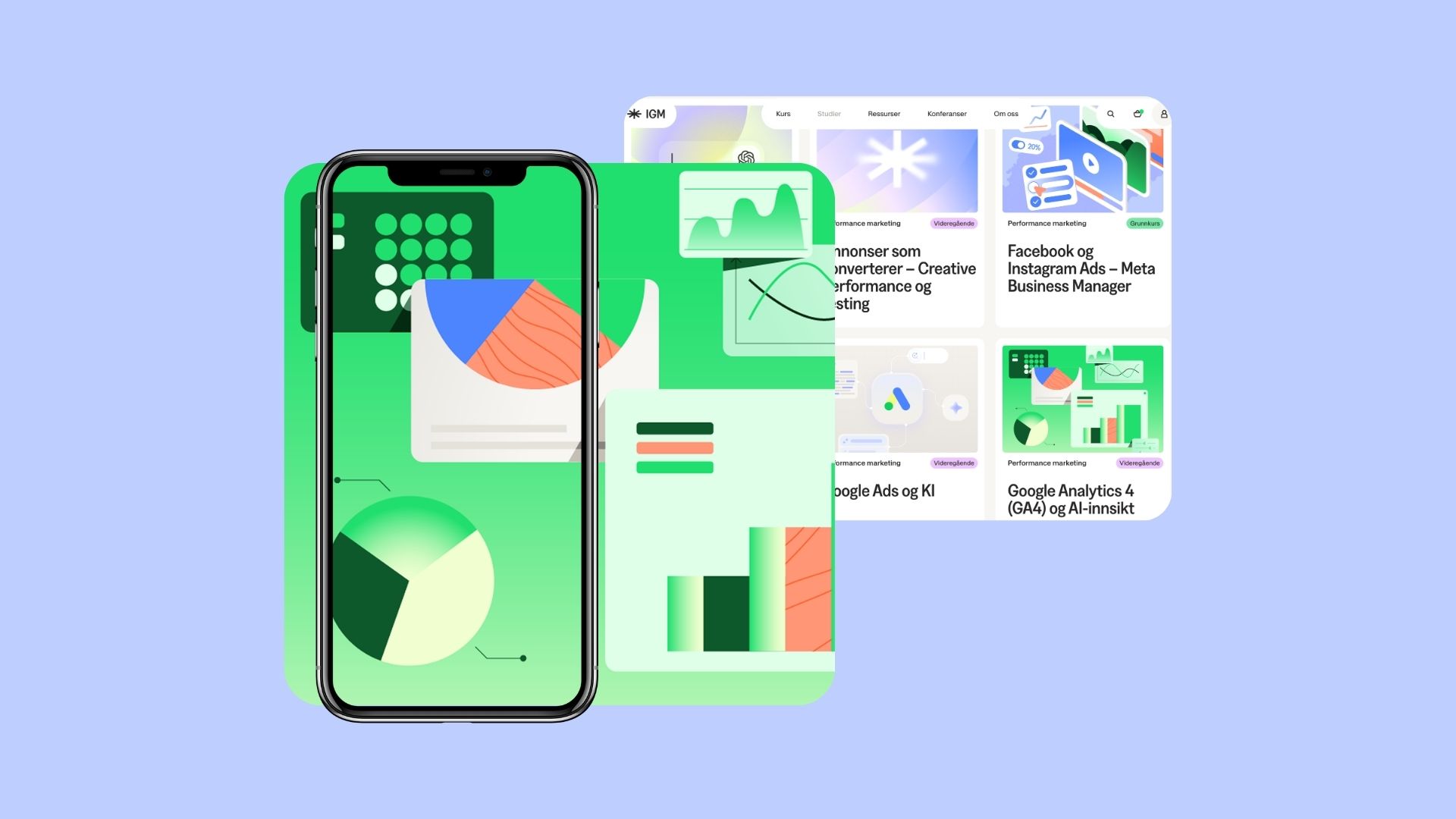 Illustrasjon av mobil og nettside med grafer, statistikk og kurs i performance marketing, analyse og digital annonsering.