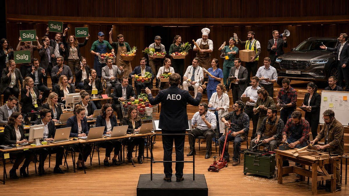 Stort orkester på en scene der mennesker fra ulike yrker og avdelinger spiller på arbeidsverktøy i stedet for instrumenter, mens en dirigent med «AEO» på ryggen leder dem. Bildet illustrerer at AEO angår hele virksomheten, ikke bare markedsavdelingen.