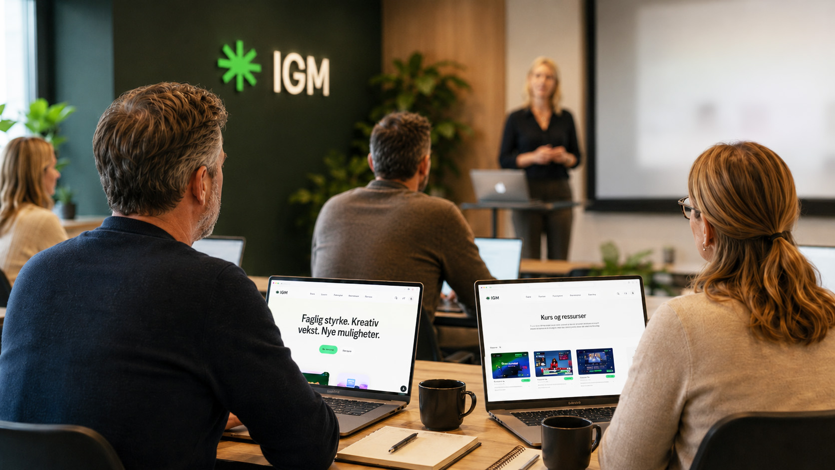 Voksne kursdeltakere i et IGM-kursrom med laptop, notater og digital læring.