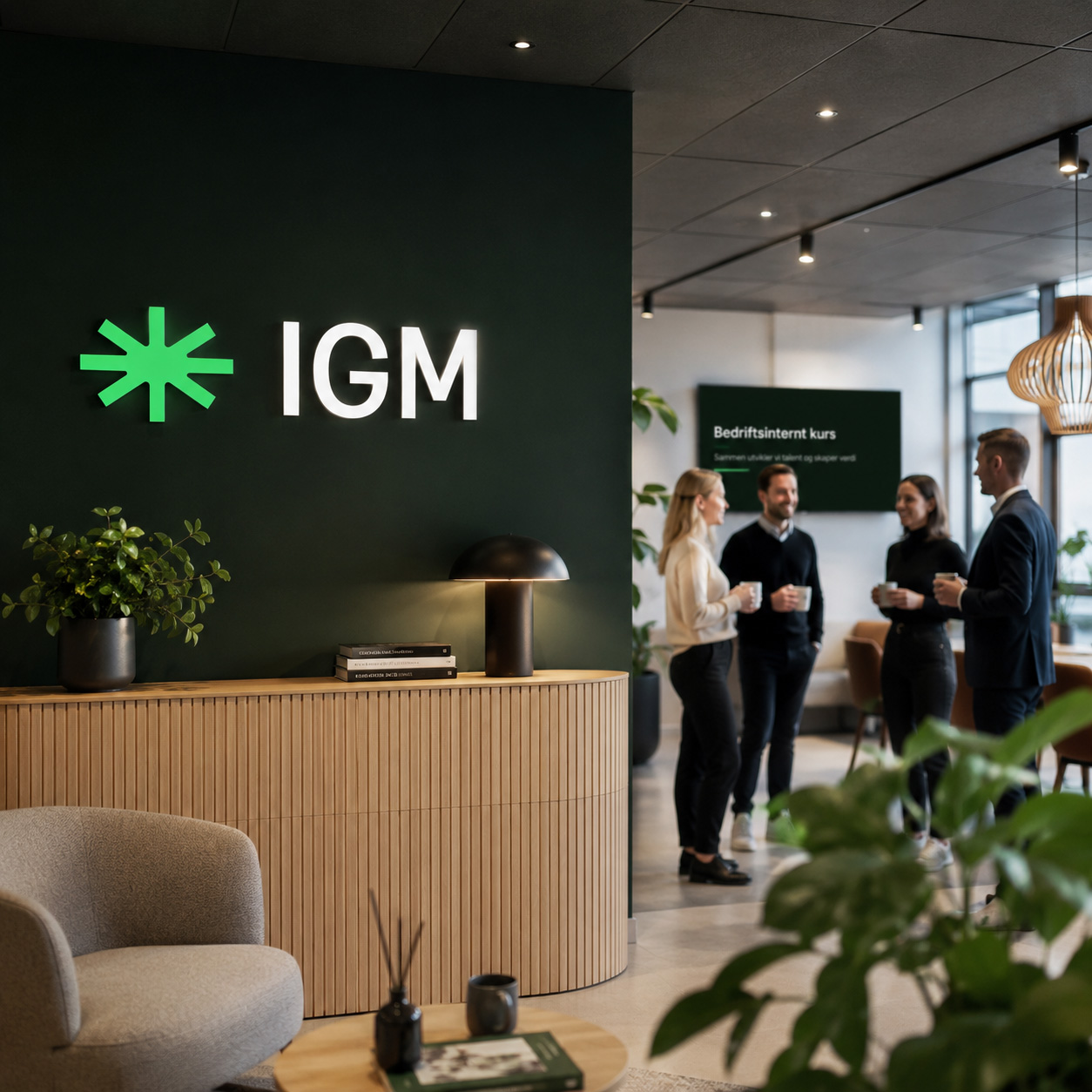 IGM-logo i moderne bedriftsmiljø med ansatte samlet til bedriftsinternt kurs og skreddersydd opplæring.