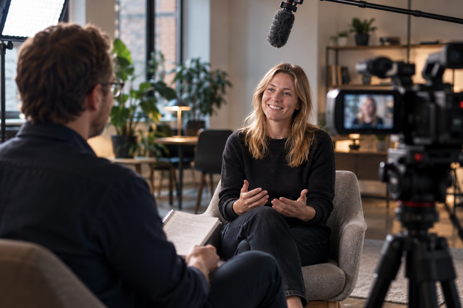 Kvinne blir intervjuet foran kamera, mens intervjuer sitter ved siden av med notater.