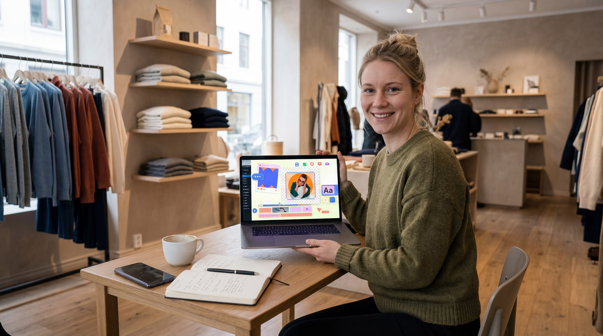 Butikkeier i liten klesbutikk viser laptop med visuelt innhold i Canva på skjermen, med notatbok, mobil og kaffekopp på bordet.