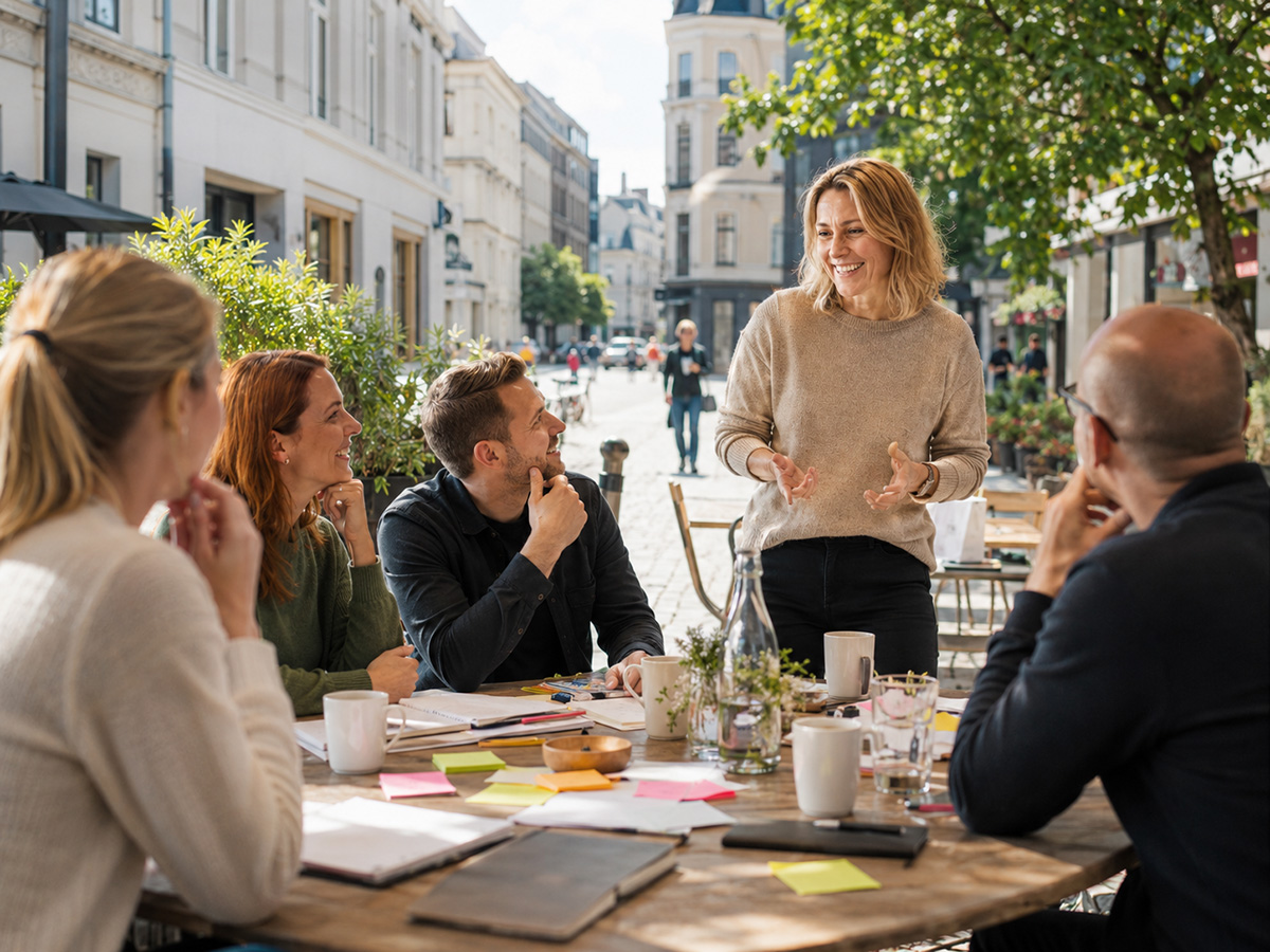 Deltakere på workshopfasilitering rundt et bord utendørs, med samtale, notater og post-it-lapper i sommerlys.
