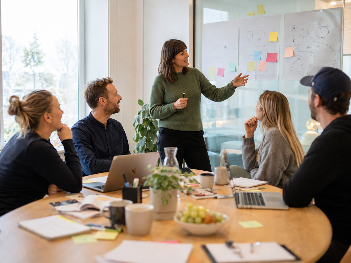 Deltakere i en kreativ workshop i et moderne møterom, med fokus på samarbeid, prosessledelse og fasilitering.