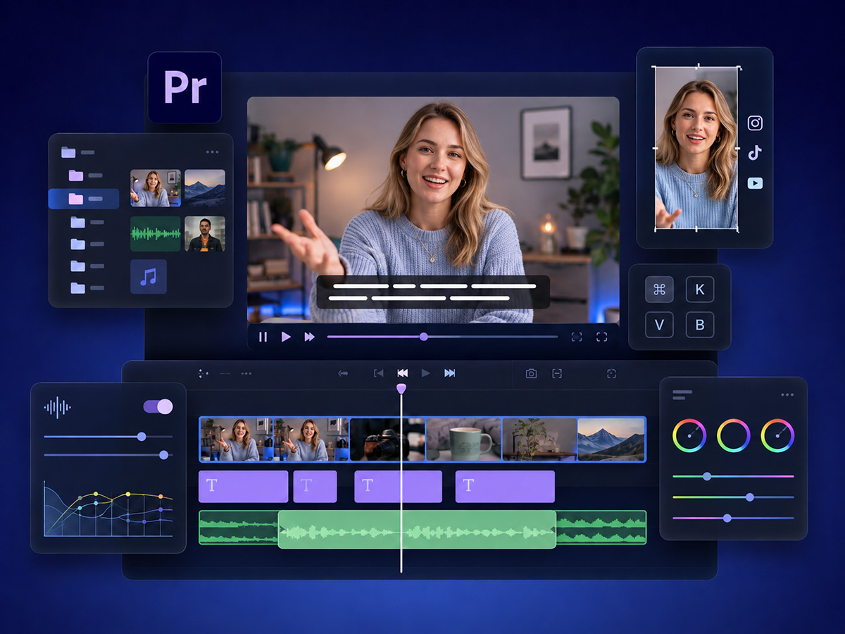 Illustrasjon av videoredigering i Premiere Pro. En person vises i et videovindu, med tidslinje, lydspor, teksting, vertikalt SoMe-format, prosjektpanel og fargejustering rundt.