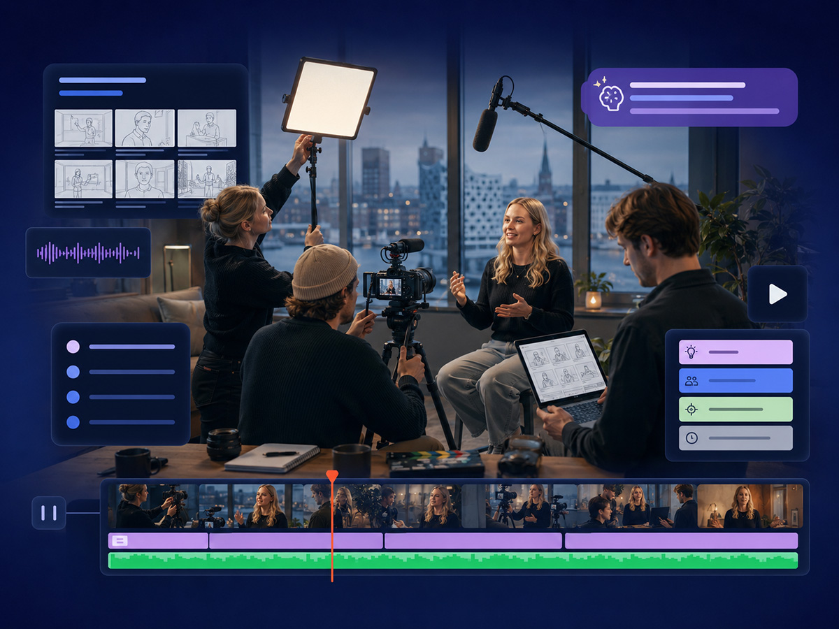 Et videoteam filmer et intervju i et studio med kamera, lys og mikrofon, omgitt av visuelle elementer som storyboard, lydspor, publiseringsplan og videoredigering.