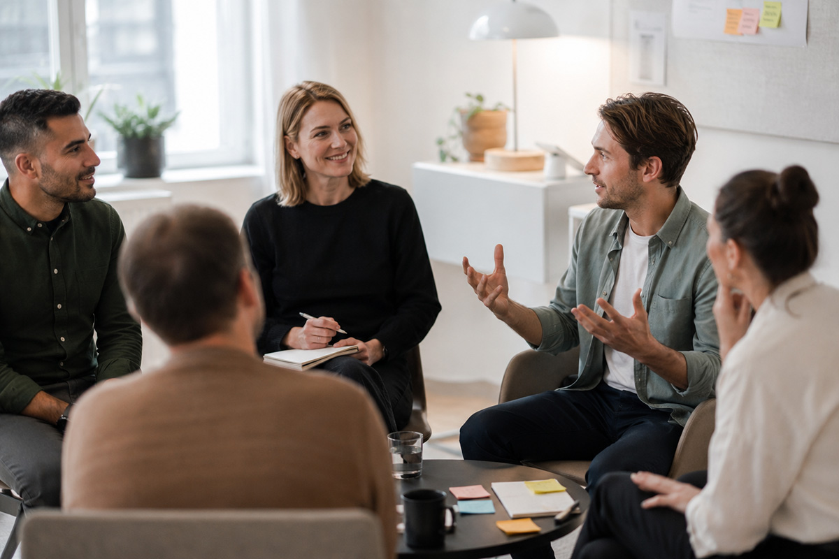 Liten gruppe i trygg samtale på kurs om gruppepsykologisk trygghet, med aktiv lytting, åpne kroppsspråk og notater i et lyst møterom.