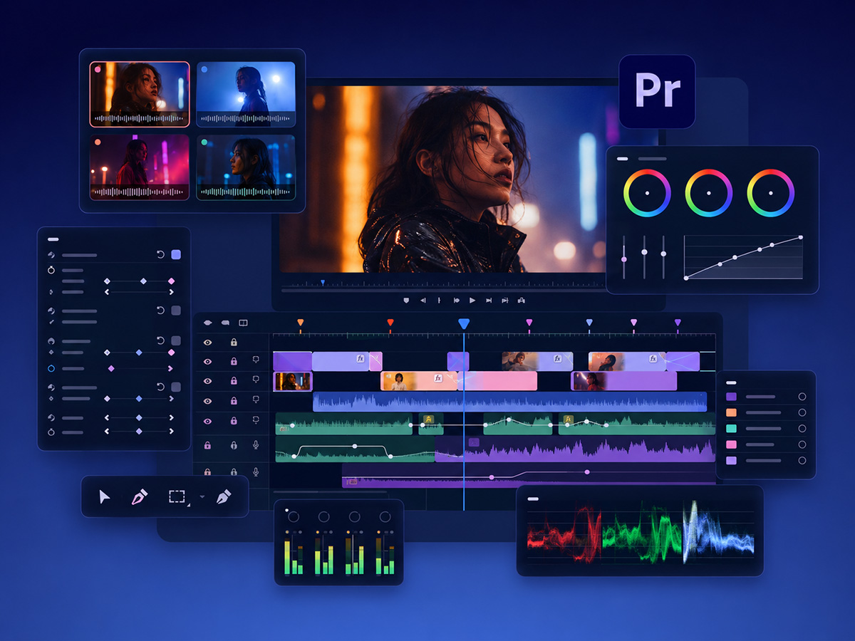 Illustrasjon av et avansert videoredigeringsprogram inspirert av Premiere Pro, med forhåndsvisning av video, multicam-vinduer, tidslinje med flere spor, lydkurver, fargekorrigering og ulike kontrollpaneler.